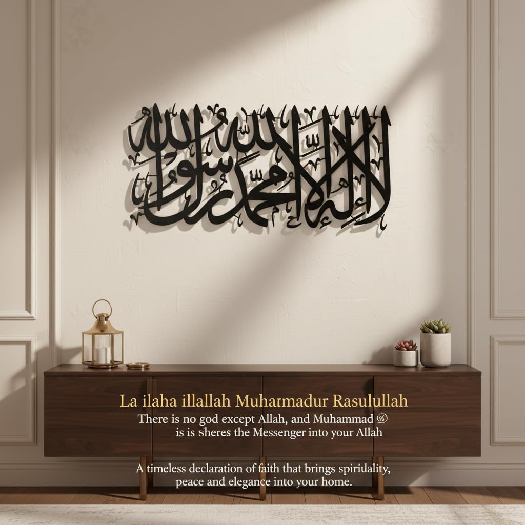 First Kalima Metal Wall Art (32x14.8in) – La Ilaha Illallah Modern Islamic Décor in Black & Gold, Premium Tawheed Calligraphy