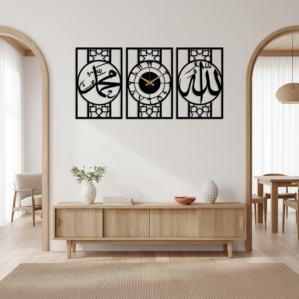 Islamic Metal Wall Art Set of 3, Allah Muhammad and Islamic Wall Clock, Muslim Home Decor, Arabic Large Wall Clock,Modern Islamic Decoration