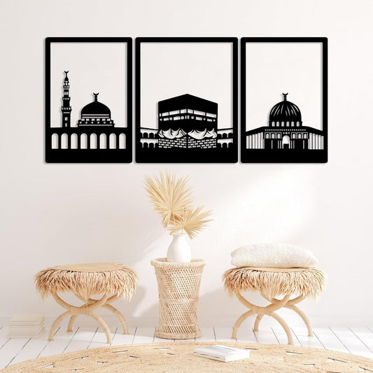 Kaaba, masjid Al nabawi And masjid al aqsa Metal Wall Art Frames set of 3