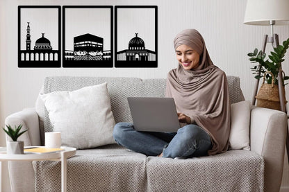 Kaaba, masjid Al nabawi And masjid al aqsa Metal Wall Art Frames set of 3