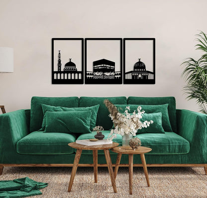 Kaaba, masjid Al nabawi And masjid al aqsa Metal Wall Art Frames set of 3