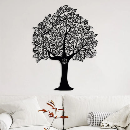 Black metal Tree of 99 Names of Allah wall art, Asma-ul-Husna calligraphy, mounted above a white sofa