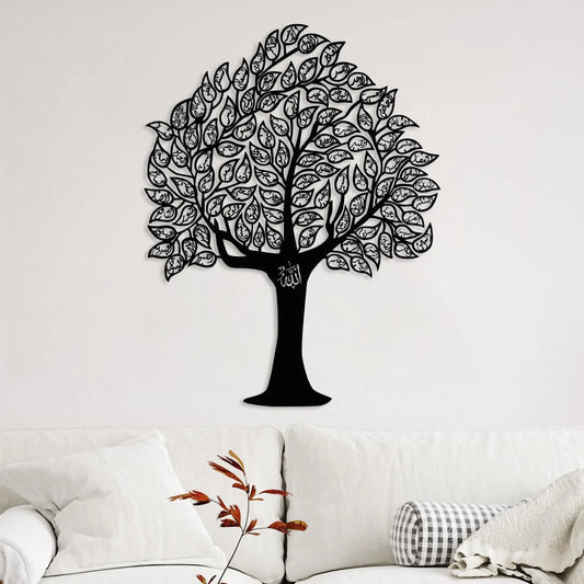 Black metal Tree of 99 Names of Allah wall art, Asma-ul-Husna calligraphy, mounted above a white sofa