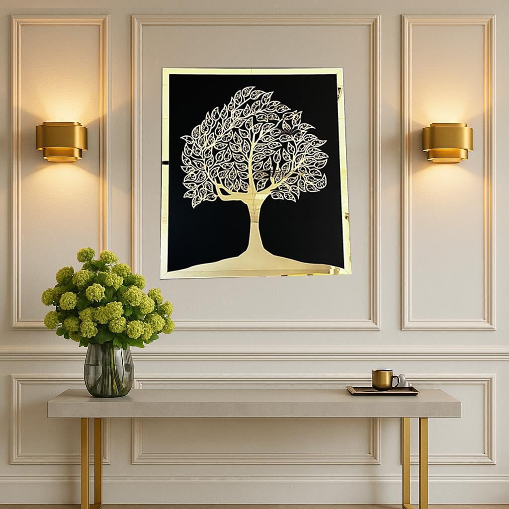 99 Names of Allah tree wall art on a panelled wall between two gold wall lights