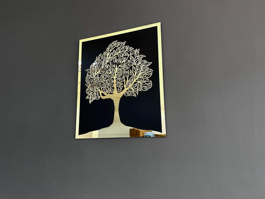 Gold acrylic Islamic tree of life wall art angled to show its mirrored surface