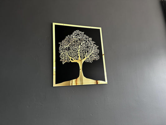 Tree of Life 99 Names of Allah wall art in gold mirrored acrylic on a dark grey wall