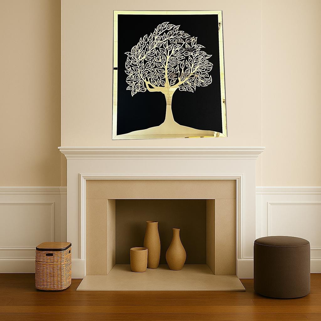 Asma-ul-Husna tree of life wall art displayed above a stone fireplace mantel