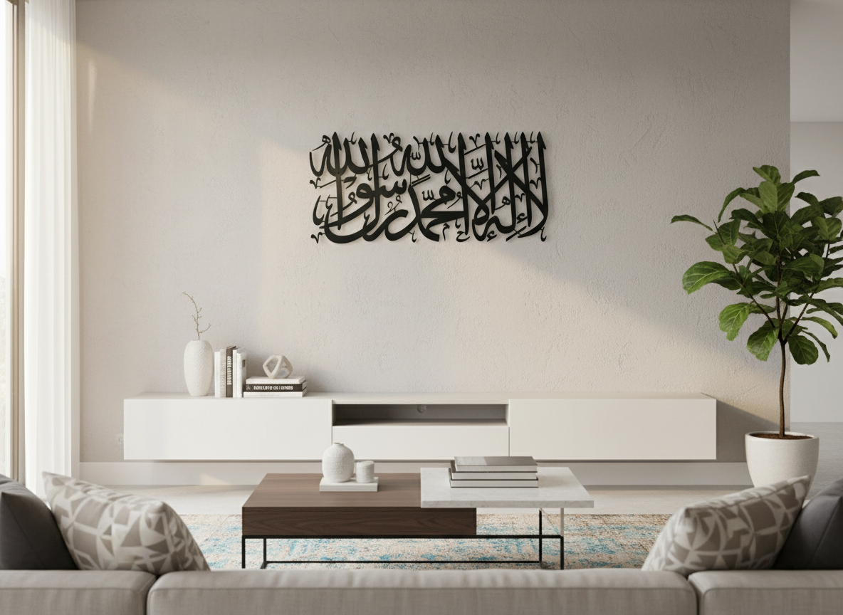 First Kalima Metal Wall Art (32x14.8in) – La Ilaha Illallah Modern Islamic Décor in Black & Gold, Premium Tawheed Calligraphy