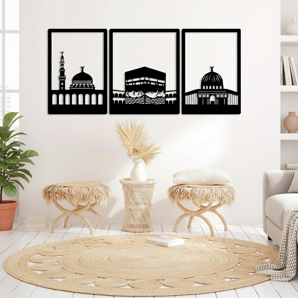 Kaaba, masjid Al nabawi And masjid al aqsa Metal Wall Art Frames set of 3