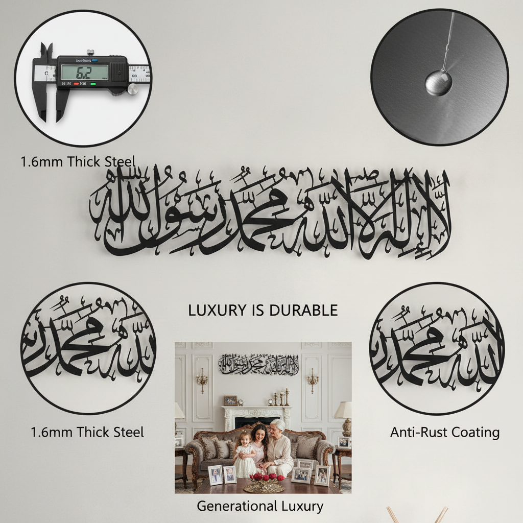 First Kalima Metal Islamic Wall Art – “La ilaha illallah Mohammad Rasulallah” | Premium Modern Calligraphy Decor (Star Product)
