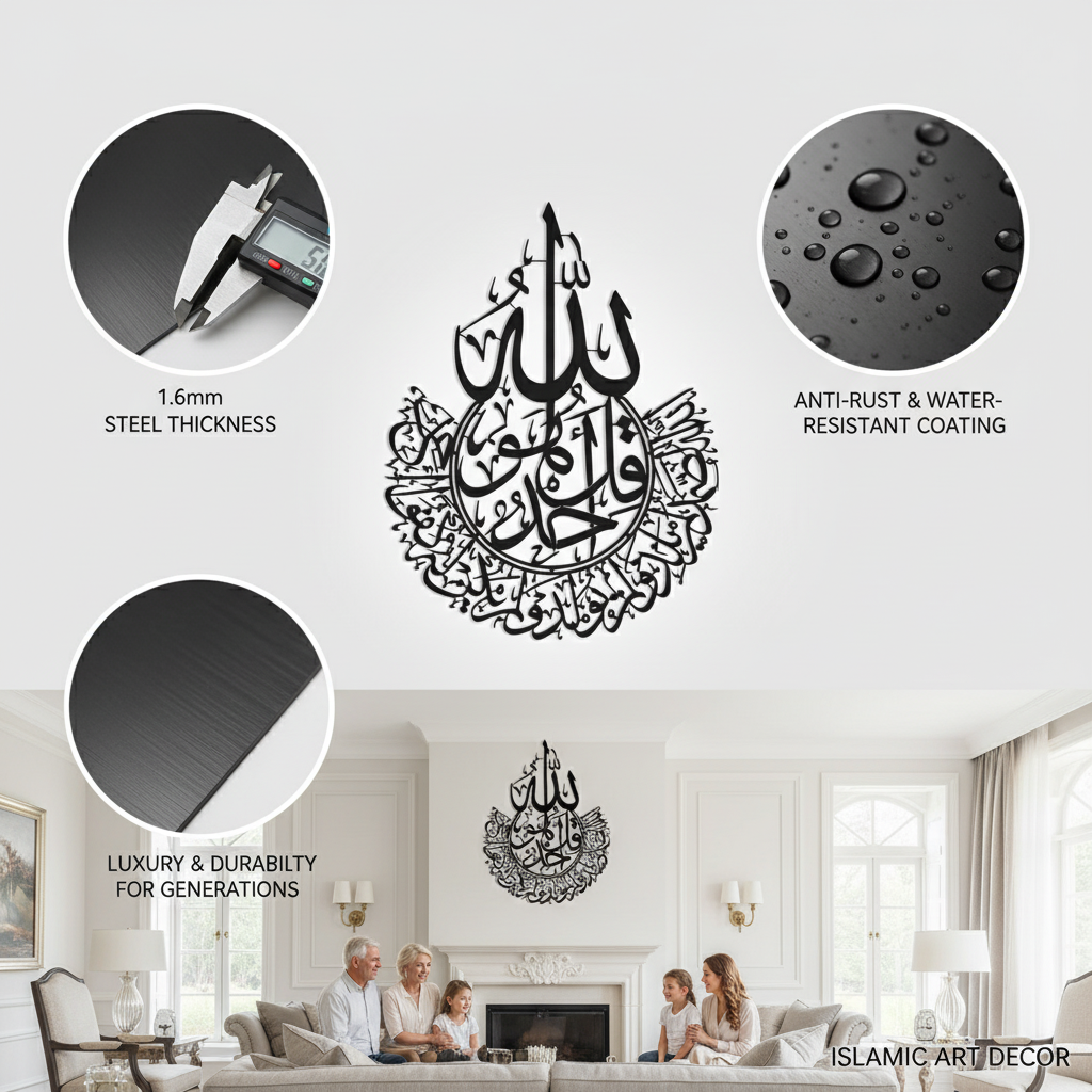 Surah Ikhlas Round Metal Islamic Wall Art | Quran Calligraphy Decor for Muslim Home | Al-Ikhlas Chapter 112 Arabic Wall Hanging