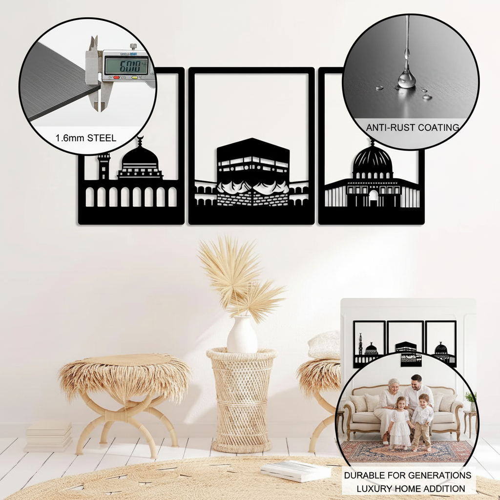Kaaba, masjid Al nabawi And masjid al aqsa Metal Wall Art Frames set of 3