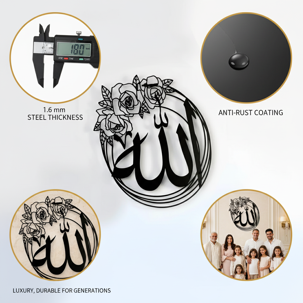 Elegant Allah Metal Wall Art (40cm) – Modern Islamic Decor for Living Room, Bedroom & Office