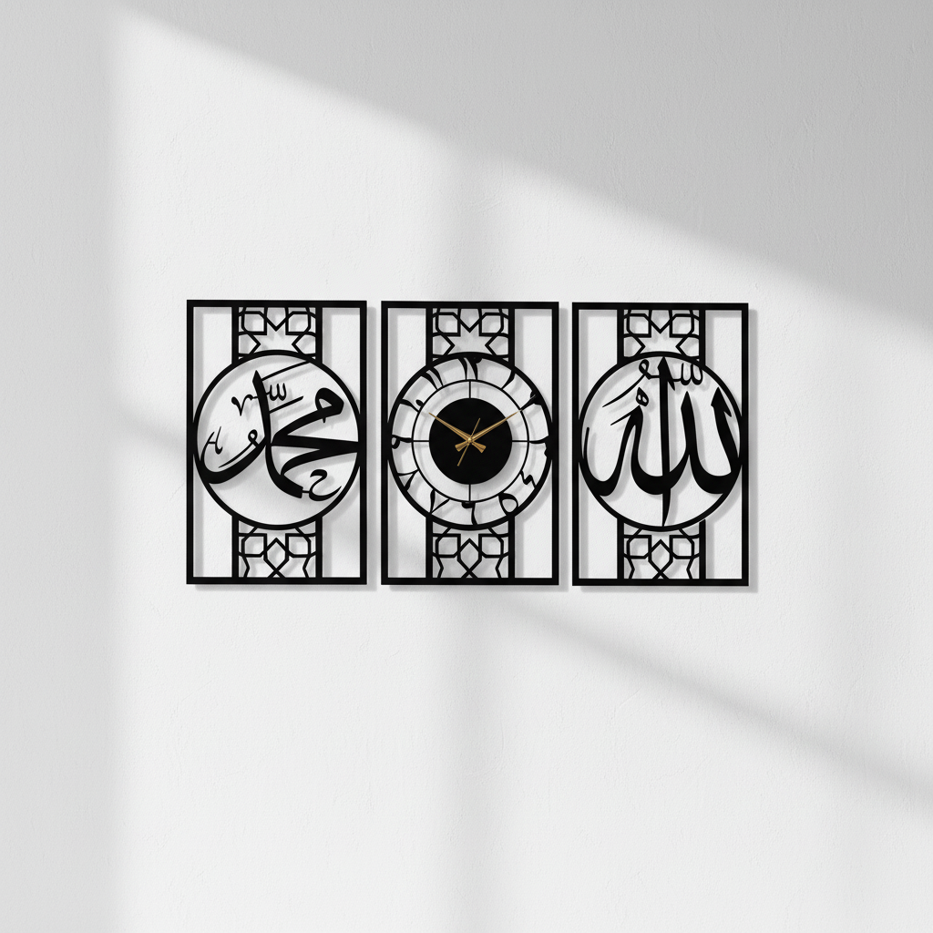 Islamic Metal Wall Art Set of 3, Allah Muhammad and Islamic Wall Clock, Muslim Home Decor, Arabic Large Wall Clock,Modern Islamic Decoration